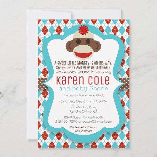 Invitation du Baby shower de singe de Sock (Devant)