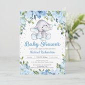 Invitation du baby shower d'éléphant Floral bleu (Debout devant)