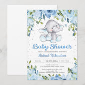 Invitation du baby shower d'éléphant Floral bleu (Devant / Derrière)