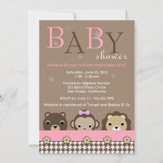 Invitation du Baby shower des animaux de la jungle (Devant)