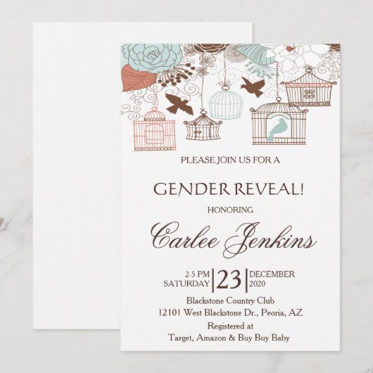 Invitation du Baby shower des cages d'oiseaux révé (Devant / Derrière)
