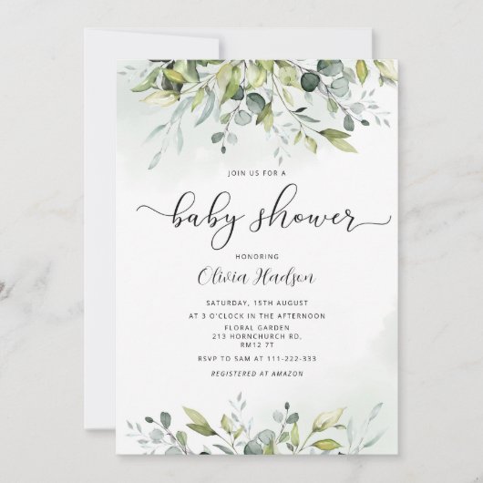 Invitation du baby shower d'eucalyptus vert (Devant)
