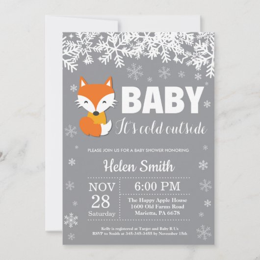 Invitation du Baby shower d'hiver Fox Snowflake (Devant)