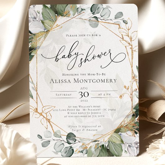 Invitation du Baby shower d'or vert géométrique