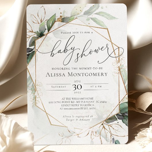 Invitation du Baby shower d'or vert géométrique