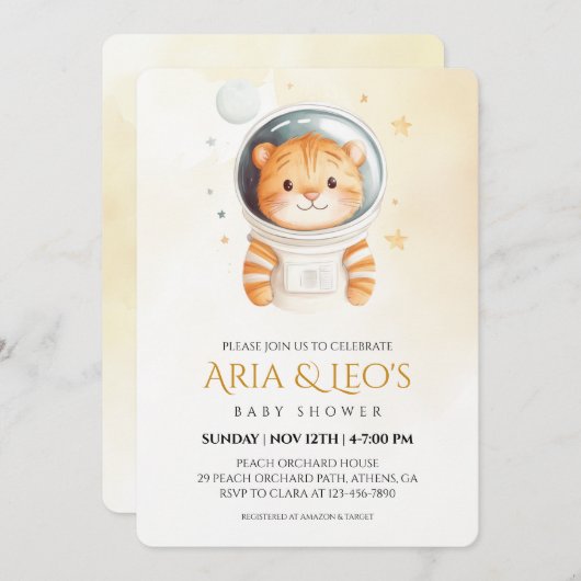 Invitation du Baby shower du tigre spatial (Devant / Derrière)