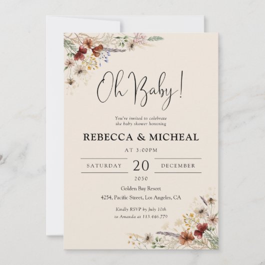 Invitation du Baby shower Fleur sauvage Boho Tiny (Devant)