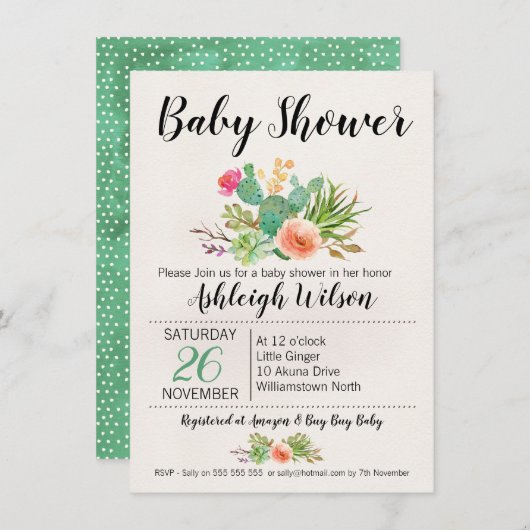 Invitation du Baby shower Floral Cactus (Devant / Derrière)