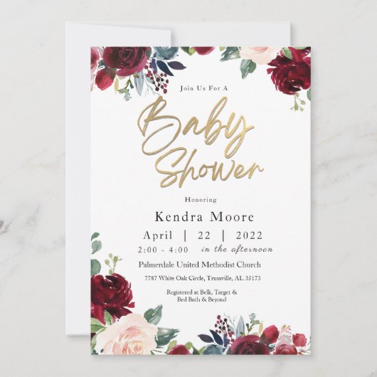 Invitation du Baby shower Floral de Bourgogne (Devant)