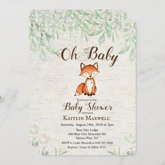 Invitation du Baby shower Fox (Devant / Derrière)