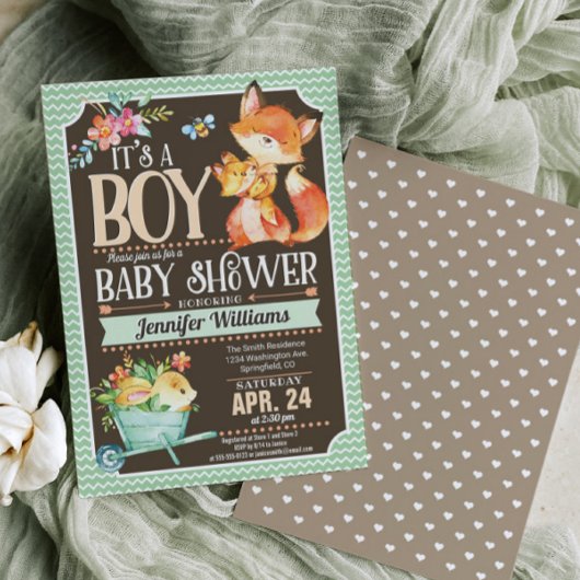 Invitation du Baby shower Fox, Boy Woodland
