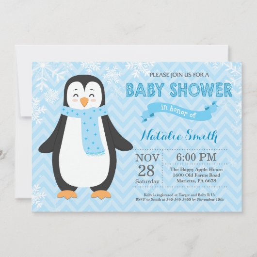 Invitation du Baby shower Garçon Pingouin d'hiver (Devant)