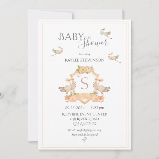 Invitation du Baby shower Monogram Peach Crest (Devant)