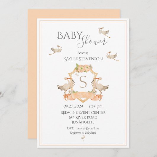 Invitation du Baby shower Monogram Peach Crest (Devant / Derrière)