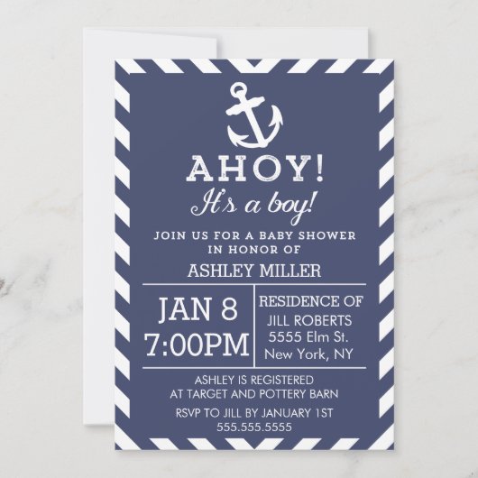 Invitation du Baby shower Nautique Chevron de la M (Devant)