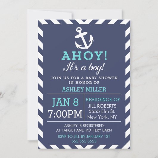 Invitation du Baby shower Nautique Chevron de la M (Devant)