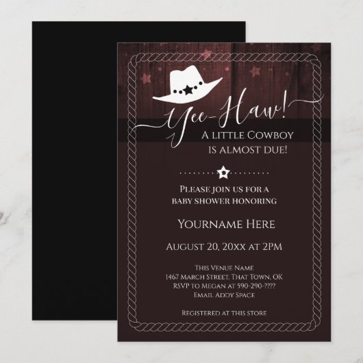 Invitation du Baby shower occidental Little Cowboy (Devant / Derrière)
