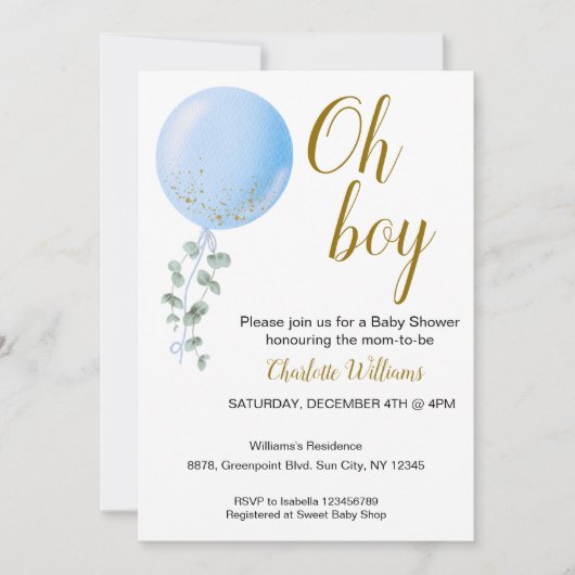 Invitation du Baby shower Oh Boy Editable (Devant)