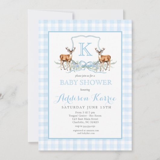 Invitation du Baby shower Preppy Deer En vichy Cre (Devant)
