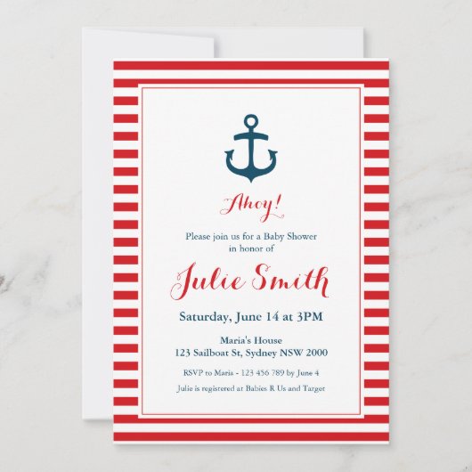Invitation du Baby shower rouge nautique (Devant)