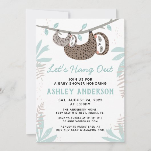 Invitation du Baby shower Sloth (Devant)