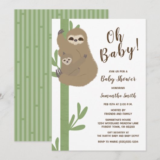 Invitation du Baby shower Sloth (Devant / Derrière)