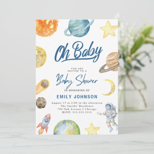 Invitation du Baby shower spatial Astronaut (Debout devant)