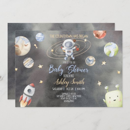 Invitation du Baby shower spatial astronaute (Devant / Derrière)