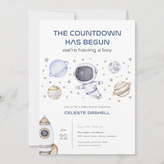 Invitation du Baby shower spatial astronaute (Devant)
