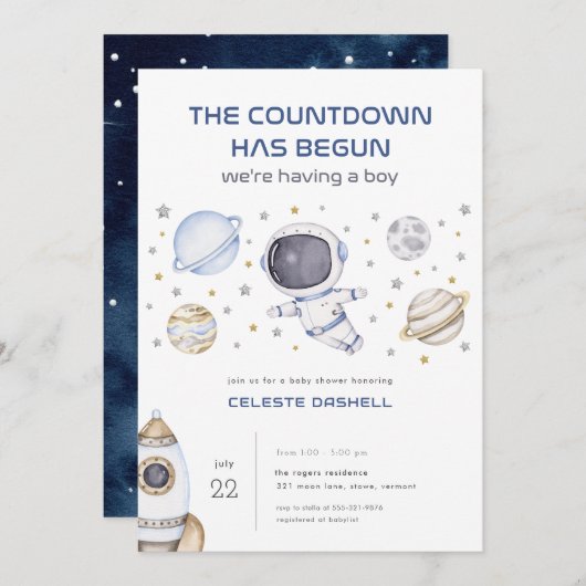 Invitation du Baby shower spatial astronaute (Devant / Derrière)