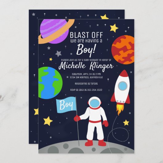 Invitation du Baby shower spatial de l'astronaute (Devant / Derrière)
