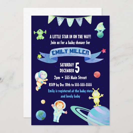 Invitation du Baby shower spatial de l'astronaute  (Devant / Derrière)
