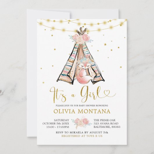 Invitation du Baby shower Teepee Pink Floral Fox (Devant)