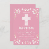 Invitation du baptême de la fille - rose, croix (Devant / Derrière)