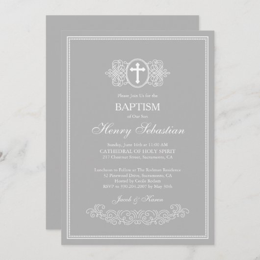 Invitation du baptême gris (Devant / Derrière)