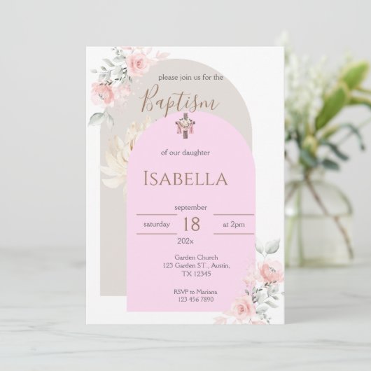 Invitation du baptême rose (Debout devant)