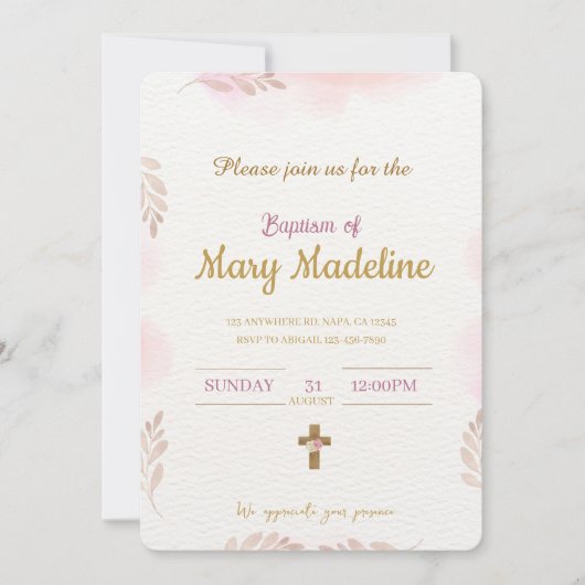 Invitation du baptême rose (Devant)