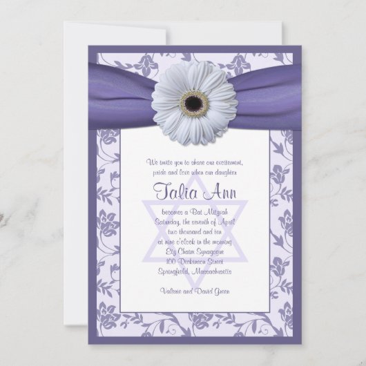 Invitation du Bat mitzvah de Damas Floral blanc vi (Devant)