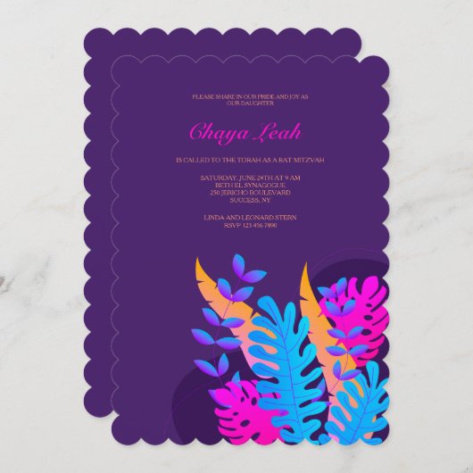 Invitation du Bat mitzvah Neon Foliage (Devant / Derrière)