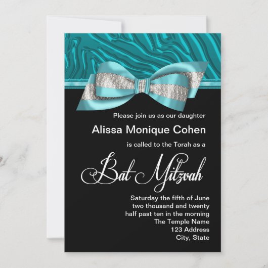 Invitation du Bat mitzvah turquoise Blue Zebra (Devant)