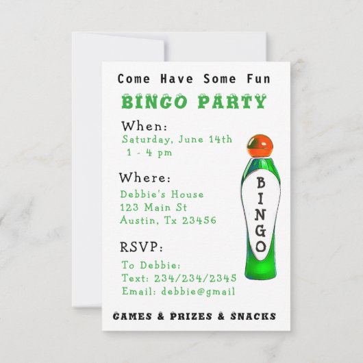 Invitation du BINGO Party (Dos)