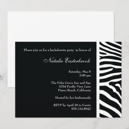 Invitation du Black Zebra Bachelorette Party (Devant / Derrière)