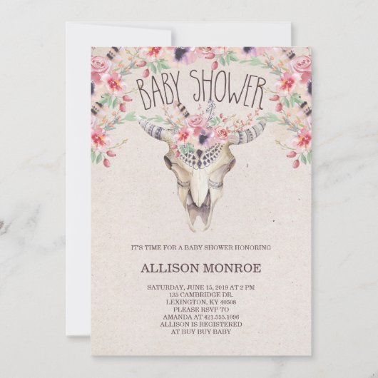 Invitation du Boho tribal et du Baby shower floral (Devant)