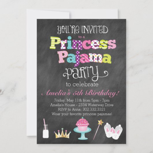 Invitation du Chalkboard Princess Pajama Party (Devant)