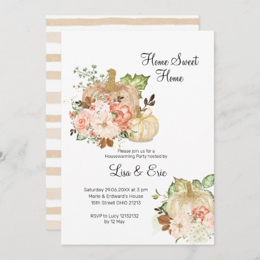 Invitation du Citrouille de ménage  d'or Watercolo (Devant / Derrière)