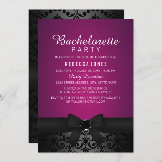 Invitation du Damask Black & Pink Bow Bachelorette (Devant / Derrière)