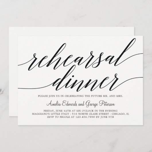 Invitation du dîner de répétition de script modern (Devant / Derrière)