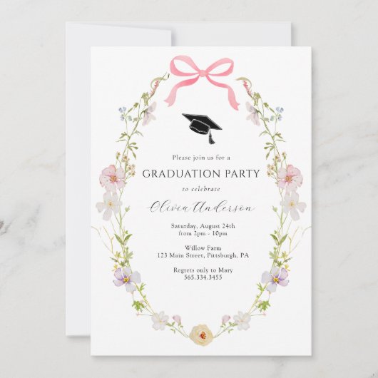 Invitation du fleur sauvage Pink Bow Graduation Pa (Devant)
