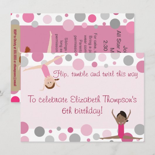 Invitation du Gymnastique Party Pink and Grey (Devant / Derrière)