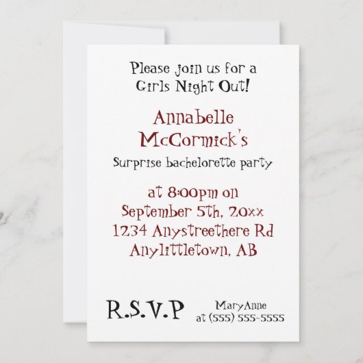 Invitation du Hen Night Bachelorette Party (Dos)